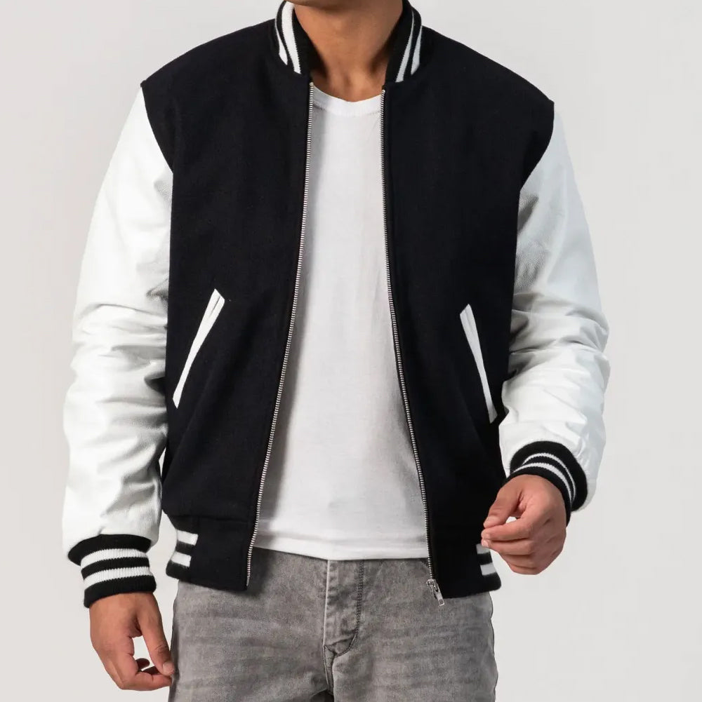 Leather Sleeves Letterman Jacket With Zipper