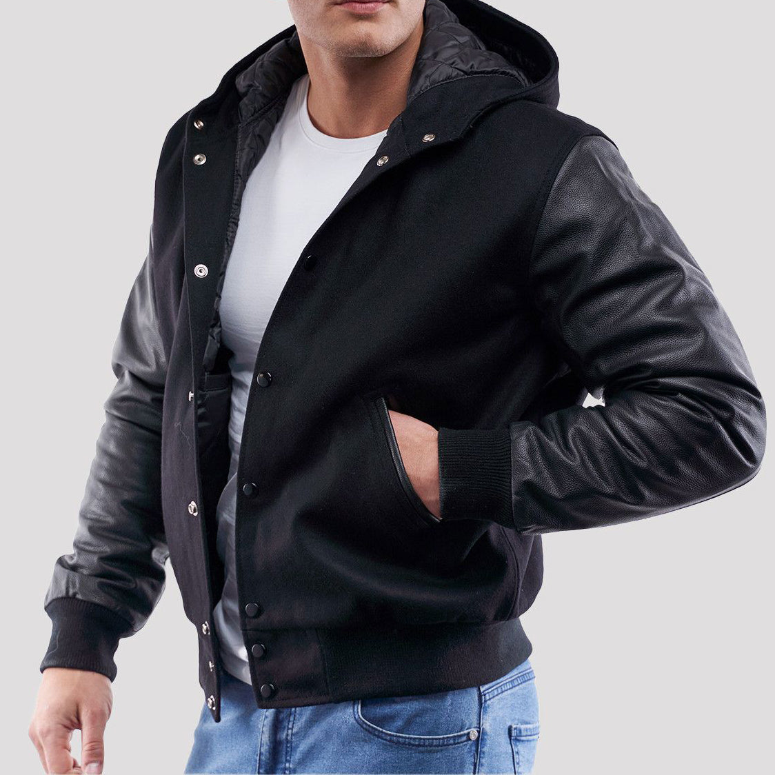 Leather Sleeves Hoodie Letterman Jacket