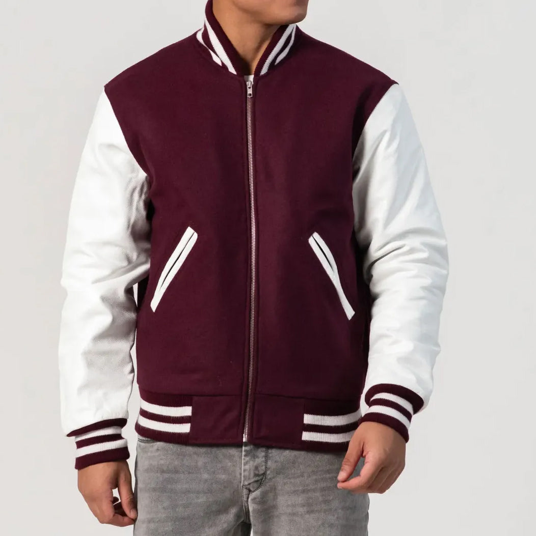 Leather Sleeves Letterman Jacket With Zipper