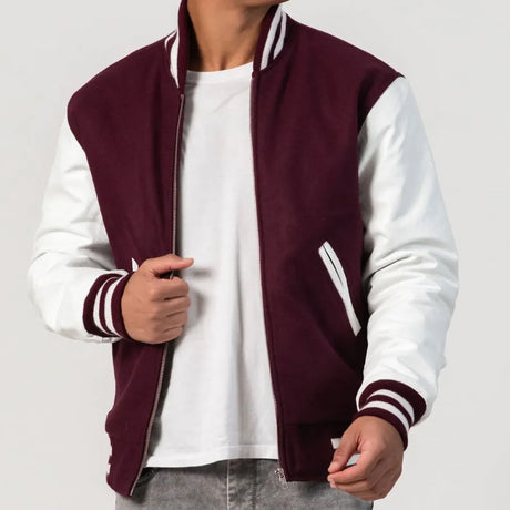 Leather Sleeves Letterman Jacket With Zipper