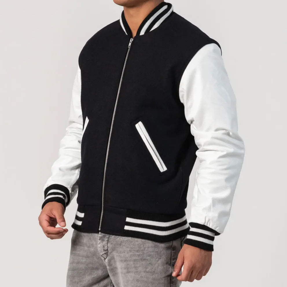 Leather Sleeves Letterman Jacket With Zipper