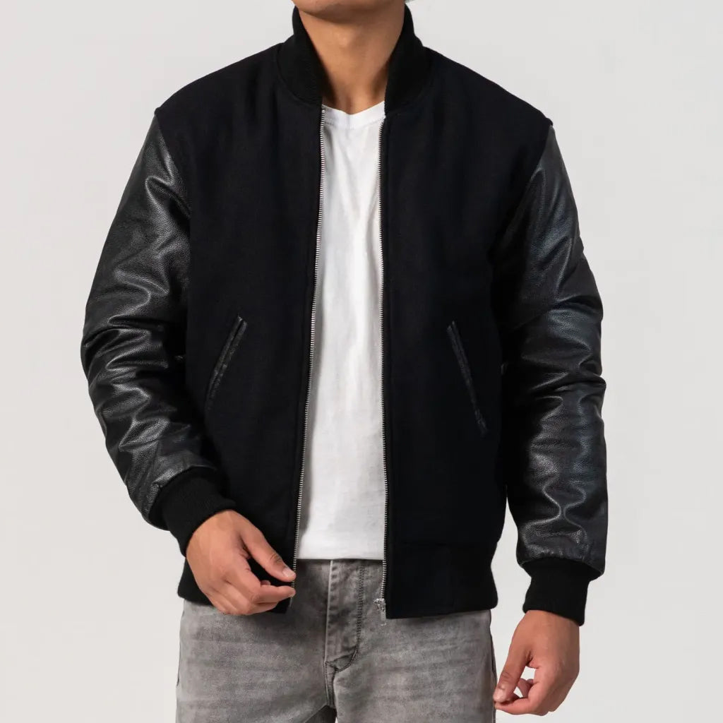 Leather Sleeves Letterman Jacket With Zipper