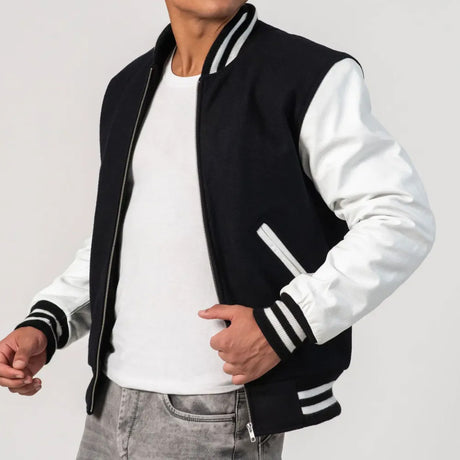 Leather Sleeves Letterman Jacket With Zipper