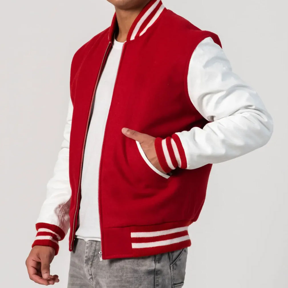 Leather Sleeves Letterman Jacket With Zipper